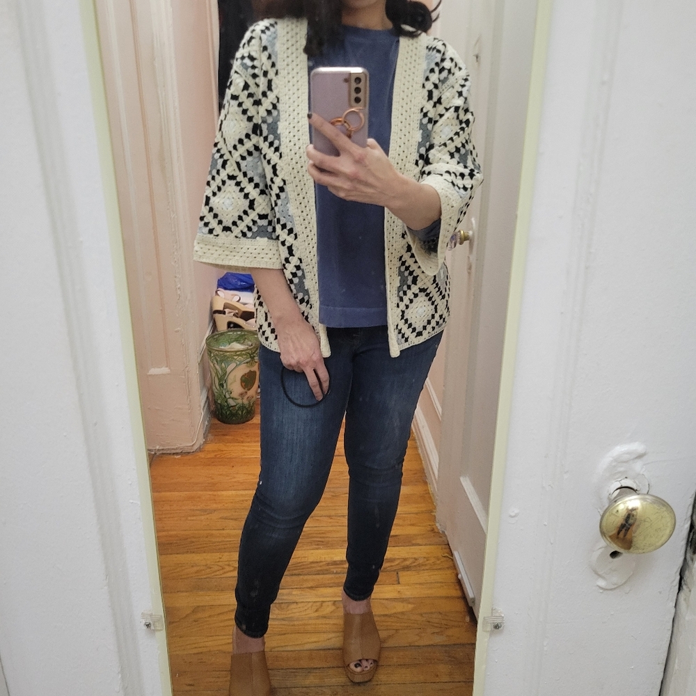 Open-Front‎ Patchwork Knit Cardigan  Cottagecore Grannycore Boho NWT